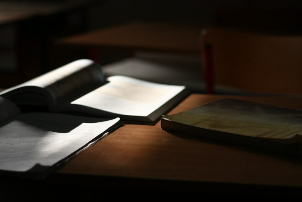 Books sit open on a desk, illuminated by light