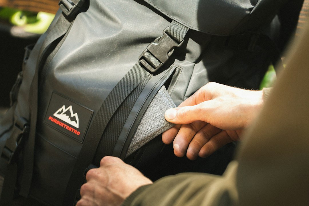person holding black and gray backpack