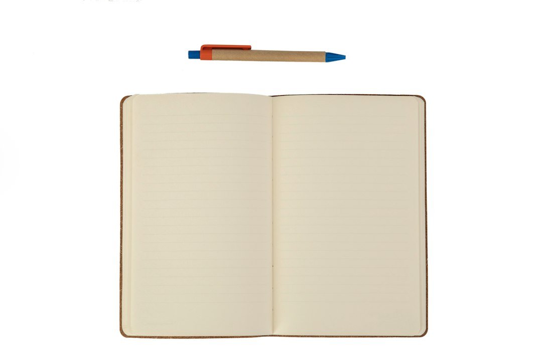 An open notebook with lined pages and a ballpoint pen above it