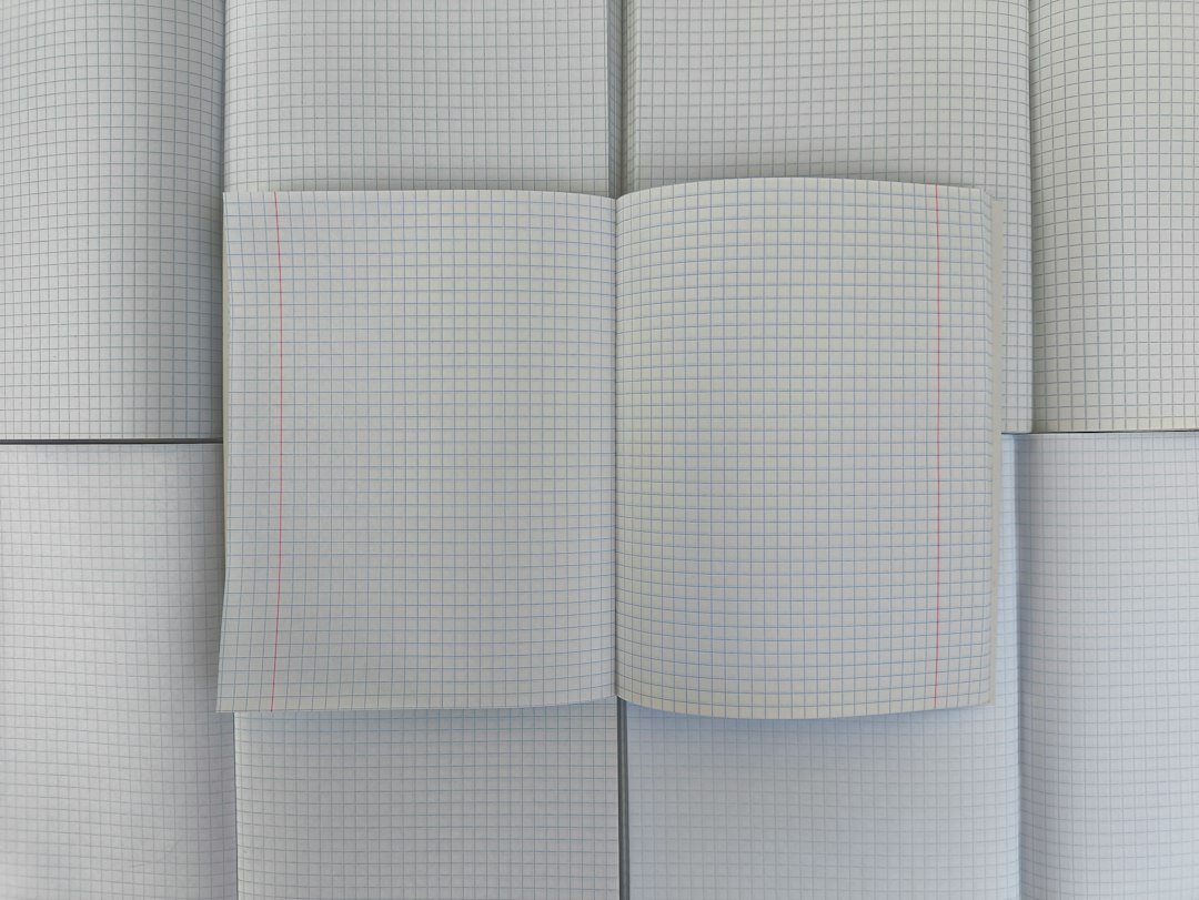 An open notebook with blue grid lines and red margins on a white background